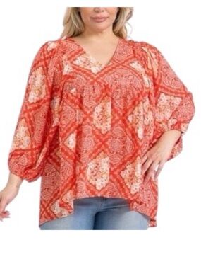 mittoshop Coral Red Patterned V-Neck Plus Size Tunic
